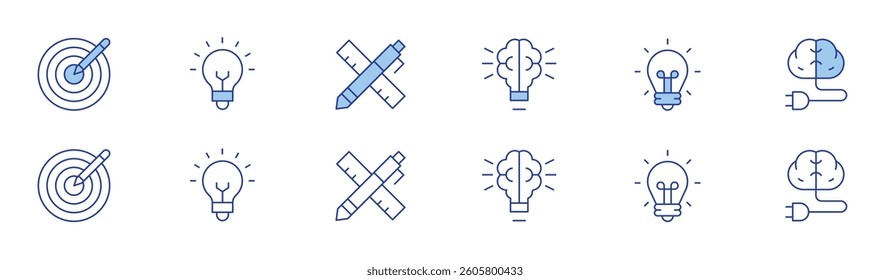 Creativity icon set in two styles, Duotone and Thin Line style. Editable stroke. mind, target, creativity, idea, creative brain, light bulb.
