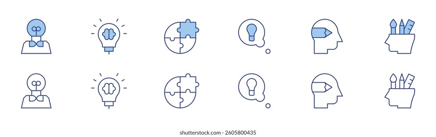 Creativity icon set in two styles, Duotone and Thin Line style. Editable stroke. main idea, creative, designer, idea, puzzle, art and design.