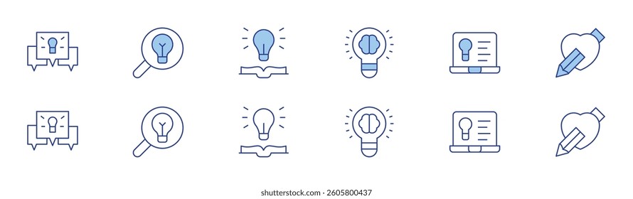 Creativity icon set in two styles, Duotone and Thin Line style. Editable stroke. light bulb, lightbulb, conversation, inspiration, idea, creativity.