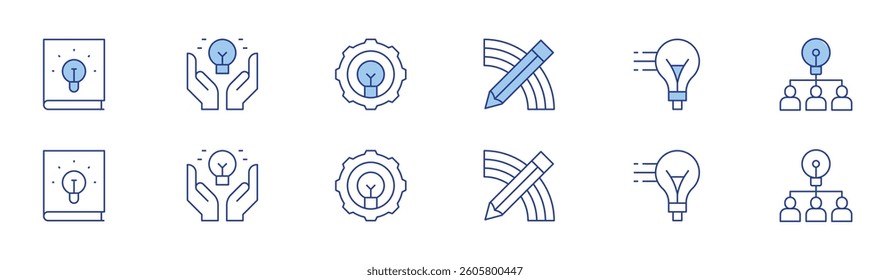 Creativity icon set in two styles, Duotone and Thin Line style. Editable stroke. imagination, book, idea, innovation, coworking.