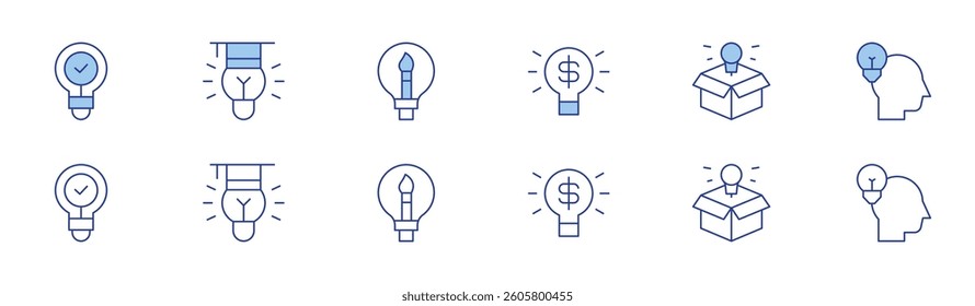 Creativity icon set in two styles, Duotone and Thin Line style. Editable stroke. idea, think outside the box, lightbulb, creativity.
