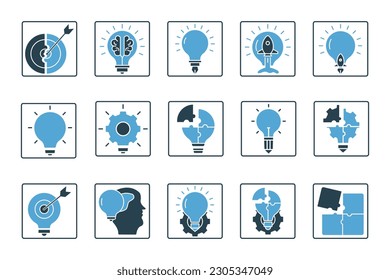 Zeichensatz für Kreativität. Vektorpackung von Glühbirnen-Symbolen.  Symbol für kreative Idee. Einfaches Vektordesign bearbeitet