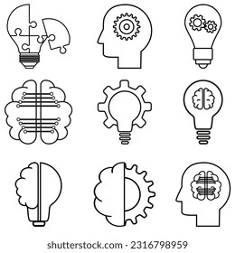 Juego de vectores de icono de creatividad. Colección de signos de ilustración de innovación. Símbolo o logotipo de desarrollo.