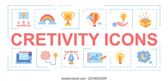 Creativity icons banner. Collection of icons with teamwork on common project. Brainstorming and insight. Mental and cognitive abilities. Cartoon flat vector illustrations isolated on white background