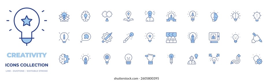 Creativity icons collection. Line Duotone style, editable stroke. idea, tablet, knowledge, solution, puzzle, innovative, light bulb, creativity, creative thinking.