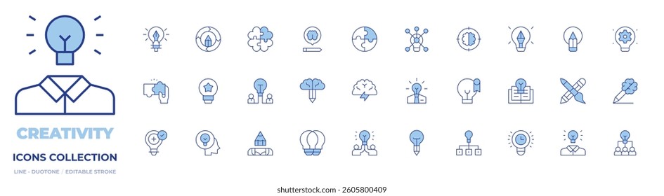 Creativity icons collection. Line Duotone style, editable stroke. blended learning, brainstorm, idea, lightbulb, puzzle, viral, knowledge, option, team, light bulb.