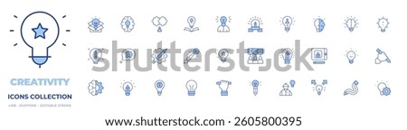 Creativity icons collection. Line Duotone style, editable stroke. idea, tablet, knowledge, solution, puzzle, innovative, light bulb, creativity, creative thinking.