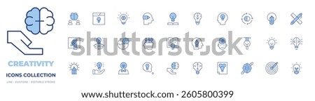 Creativity icons collection. Line Duotone style, editable stroke. brain, idea, learning, education, book, intelligence, main idea, love, creative, creativity, target.