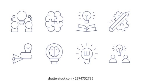 Iconos de creatividad. Trazo editable. Conteniendo trabajo en progreso, lluvia de ideas, conocimiento, bombilla, creatividad, idea.