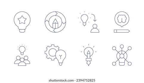 Creativity icons. Editable stroke. Containing idea, viral, intellectual property, creative process, creative, teamwork.