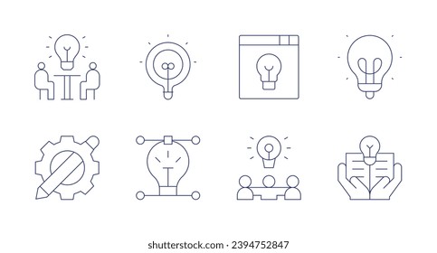 Creativity icons. Editable stroke. Containing idea, knowledge, promotion, group, light bulb, creativity, brainstorming, creative process.