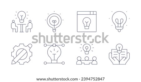 Creativity icons. Editable stroke. Containing idea, knowledge, promotion, group, light bulb, creativity, brainstorming, creative process.