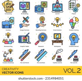 Creativity Icons including Brainstorming, Branding, Services, Brushes, Canvas and Easel, Art, Composing, Copywriting, Brain, Idea, Creative Lab, Process, Retreat