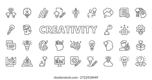 Criatividade ícones em design de linha. criatividade, ideia, inspiração, inovação, imaginação, brainstorming, arte no vetor fundo branco. Ícones de traçado editáveis de criatividade