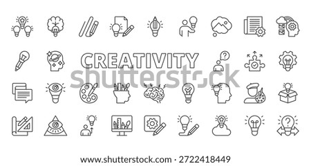 Creativity icons in line design. creativity, idea, inspiration, innovation, imagination, brainstorming, art on white background vector. Creativity editable stroke icons