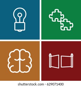 Creativity icons set. set of 4 creativity outline icons such as brain, bulb, gate