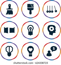Creativity icons set. set of 9 creativity filled icons such as gear in head, bulb, brush, paint brush, bulb heart, gate, man thinking about money, brain bulb