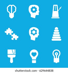 Creativity icons set. set of 9 creativity filled icons such as pyramid, gear in head, bulb, paint brush, bulb heart, pendulum, brain bulb