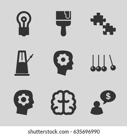 Creativity icons set. set of 9 creativity filled icons such as gear in head, brain, bulb, paint brush, pendulum, man thinking about money, puzzle