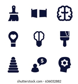 Creativity icons set. set of 9 creativity filled icons such as pyramid, brain, brush, paint brush, bulb heart, gate, man thinking about money, gear in head