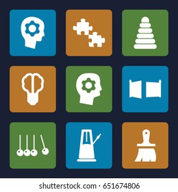 Creativity icons set. set of 9 creativity filled icons such as pyramid, brush, gate, gear in head, pendulum, brain bulb, puzzle