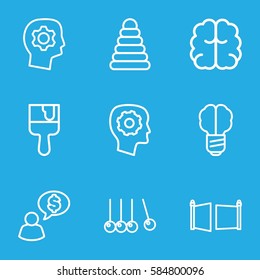creativity icons set. Set of 9 creativity outline icons such as pyramid, gear in head, brain, paint brush, gate, cradle, man thinking about money