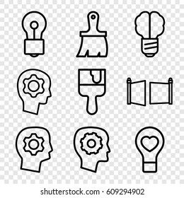 Creativity icons set. set of 9 creativity outline icons such as gear in head, bulb, brush, paint brush, bulb heart, gate