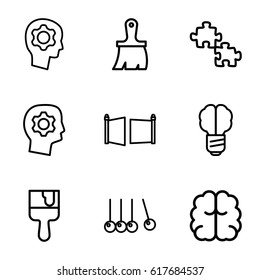 Creativity icons set. set of 9 creativity outline icons such as brain, brush, paint brush, gate, gear in head, cradle, brain bulb
