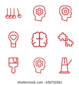 Creativity icons set. set of 9 creativity outline icons such as gear in head, brain, paint brush, bulb heart, pendulum, cradle