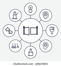 Creativity icons set. set of 9 creativity outline icons such as gear in head, bulb, brush, paint brush, gate, pendulum, cradle