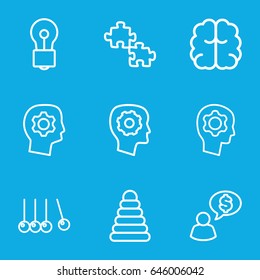 Creativity icons set. set of 9 creativity outline icons such as pyramid, gear in head, brain, bulb, cradle, man thinking about money
