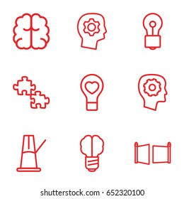 Creativity icons set. set of 9 creativity outline icons such as gear in head, brain, bulb, bulb heart, gate, pendulum, brain bulb