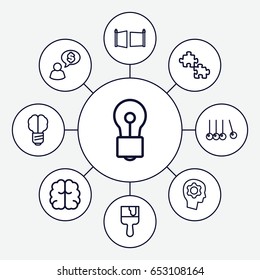 Creativity icons set. set of 9 creativity outline icons such as brain, bulb, paint brush, gate, gear in head, cradle, man thinking about money, brain bulb