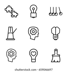 Creativity icons set. set of 9 creativity outline icons such as gear in head, bulb, brush, bulb heart, pendulum, cradle, brain bulb