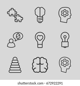 Creativity icons set. set of 9 creativity outline icons such as pyramid, brain, bulb heart, gear in head, man thinking about money.