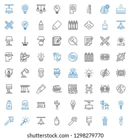 creativity icons set. Collection of creativity with brush, pencil, paint brush, magic wand, lamp, idea, ceramic, newtons cradle, brain. Editable and scalable creativity icons.