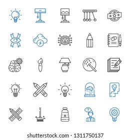 creativity icons set. Collection of creativity with idea, thinking, oil paint, brushes, pencil, brain, pencils, write, magic wand, lamp. Editable and scalable creativity icons.