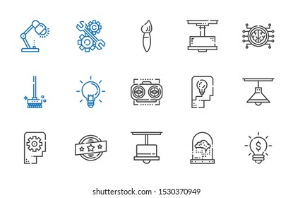 creativity icons set. Collection of creativity with idea, brain, lamp, brand, thinking, vision, ideas, brushes, brush, development. Editable and scalable creativity icons.