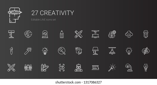 creativity icons set. Collection of creativity with magic wand, newtons cradle, artist, vision, crayons, pencils, lamp, bird house, idea. Editable and scalable creativity icons.