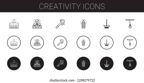 creativity icons set. Collection of creativity with paint brush, idea, magic wand, pencil, brushes, lamp. Editable and scalable creativity icons.