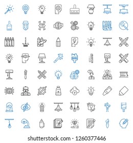 creativity icons set. Collection of creativity with pencil, brush, idea, write, lamp, paint brush, bird house, brainstorming, brain, crayon. Editable and scalable creativity icons.