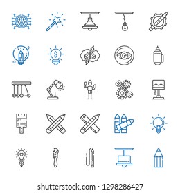 creativity icons set. Collection of creativity with pencil, lamp, paint brush, idea, ideas, crayons, pencils, development, brush, newton. Editable and scalable creativity icons.