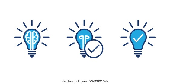 Creativity icons set. Creative business, innovation, solution, idea, lamp, brain, light bulb, smart, check mark, intelligent icon symbol in line and flat style. Vector illustration