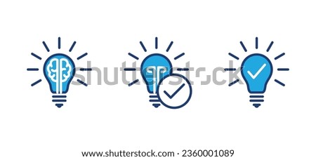 Creativity icons set. Creative business, innovation, solution, idea, lamp, brain, light bulb, smart, check mark, intelligent icon symbol in line and flat style. Vector illustration
