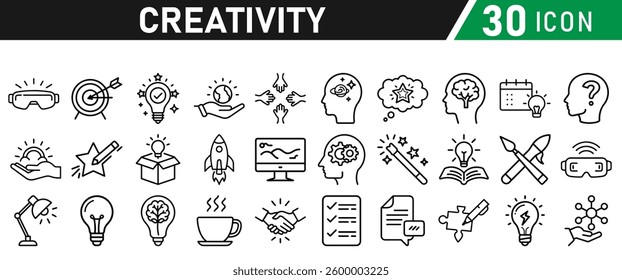 Creativity Icons Set. Icons Include Creative Thought, Solutions, Originality, Human Brain, Light Bulb, Creative Process, Brainstorming, Imagination, puzzle, and rocket boosting. Vector collection