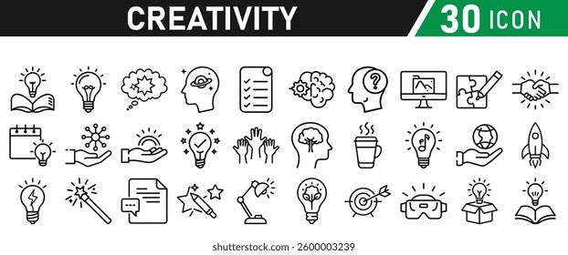 Creativity Icons Set. Icons Include Creative Thought, Solutions, Originality, Human Brain, Light Bulb, Creative Process, Brainstorming, Imagination, puzzle, and rocket boosting. Vector collection