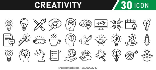 Creativity Icons Set. Icons Include Creative Thought, Solutions, Originality, Human Brain, Light Bulb, Creative Process, Brainstorming, Imagination, puzzle, and rocket boosting. Vector collection