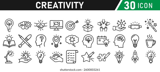 Creativity Icons Set. Icons Include Creative Thought, Solutions, Originality, Human Brain, Light Bulb, Creative Process, Brainstorming, Imagination, puzzle, and rocket boosting. Vector collection