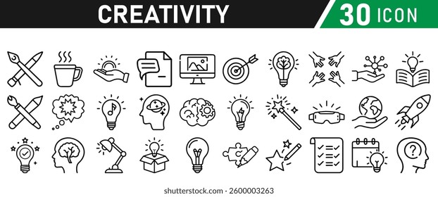 Creativity Icons Set. Icons Include Creative Thought, Solutions, Originality, Human Brain, Light Bulb, Creative Process, Brainstorming, Imagination, puzzle, and rocket boosting. Vector collection