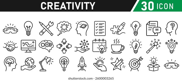 Creativity Icons Set. Icons Include Creative Thought, Solutions, Originality, Human Brain, Light Bulb, Creative Process, Brainstorming, Imagination, puzzle, and rocket boosting. Vector collection